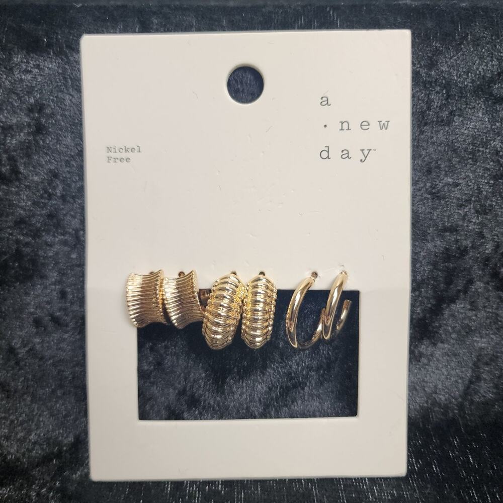 Target A New Day Gold Finish Nickle-Free Ear Cuff Trio Hoop Pierced Earrings NWT